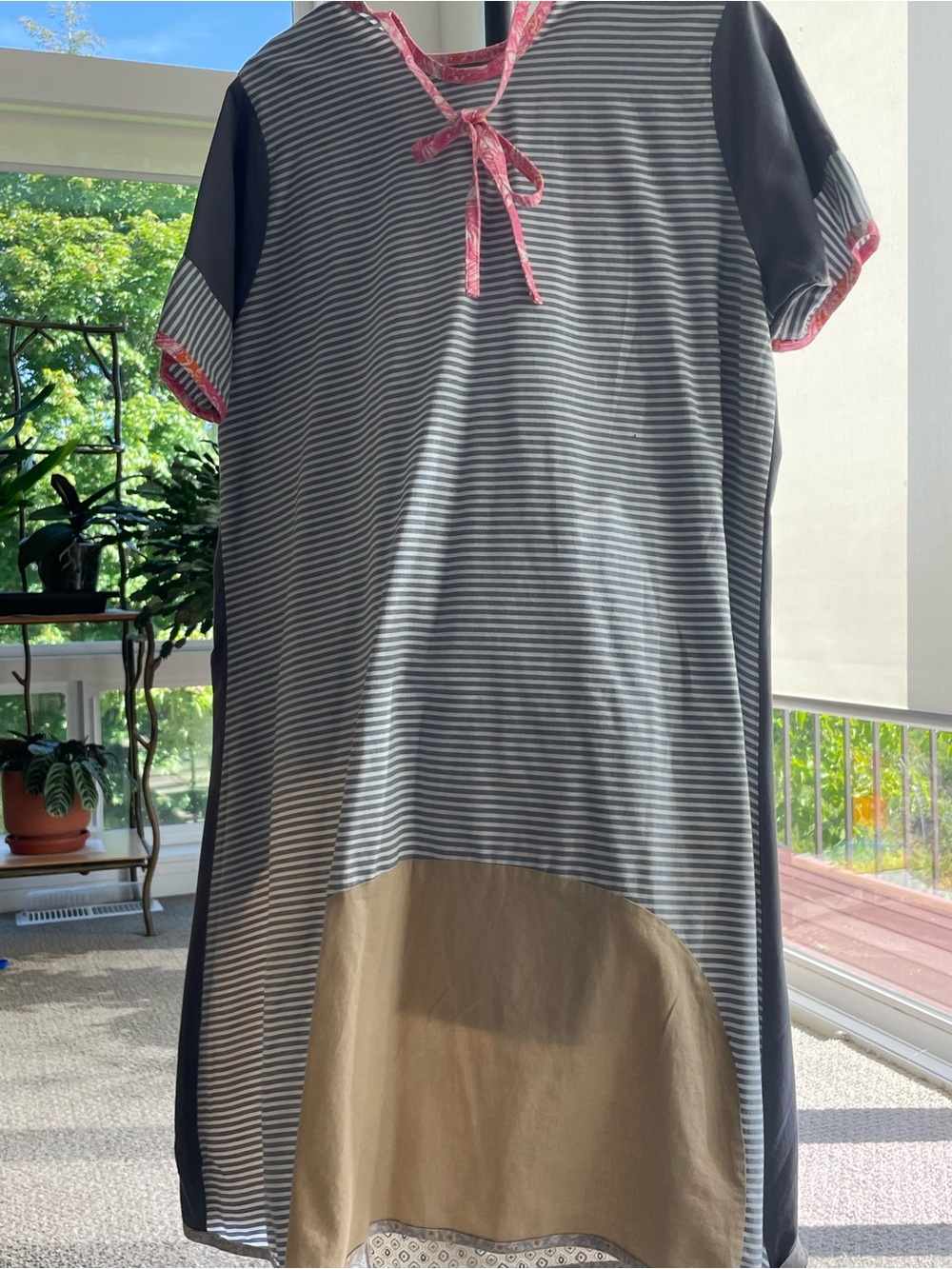 Striped Midi Dress with Pink Trim and Tan Panel